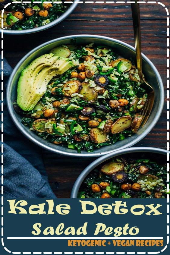 This kale detox salad is the perfect meal for a cleanse, made with whole, real ingredients. Made with a mouthwatering carrot top pesto and roasted vegetables.