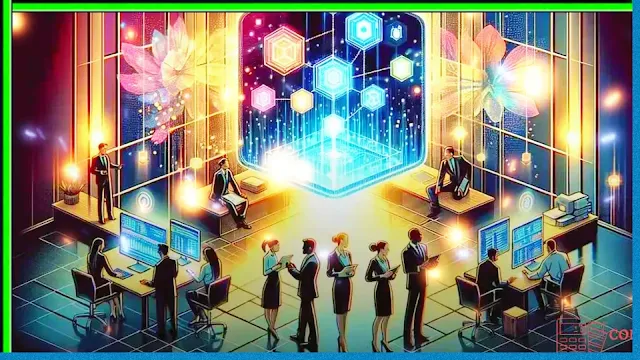 Figura de uma sala administrativa com funcionários obtendo informações da Blockchain