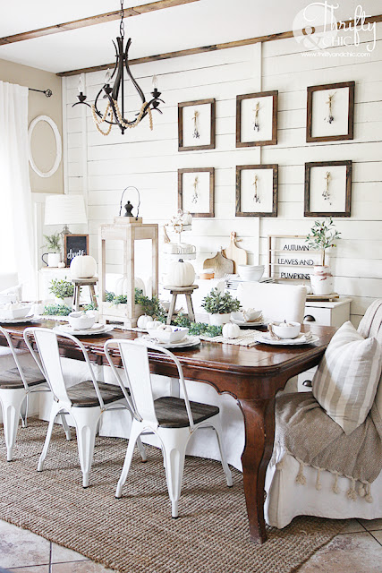 Farmhouse fall decor and decorating ideas. Neutral fall decor. White and green fall decor. How to decorate for fall. Decorate with me. Shiplap wall in dining room. Mismatched dining room chairs