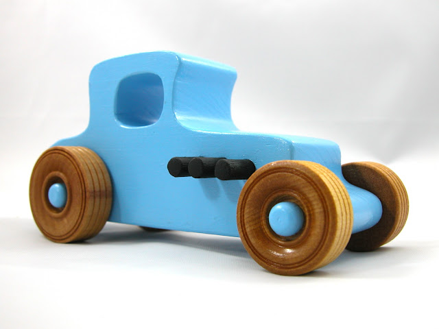 Wood Toy Car Hot Rod '27 T-Coupe, Handmade and Finished with Baby Blue and Black Acrylic Paint and Amber Shellac, Race Car, Street Rod