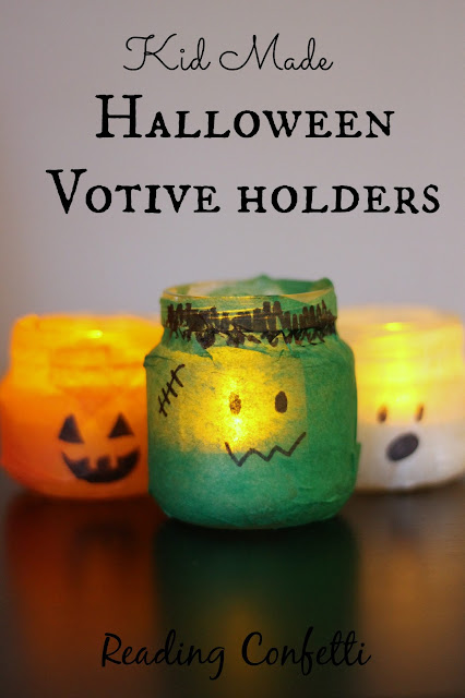 Halloween votive holders made from recycled jars and tissue paper