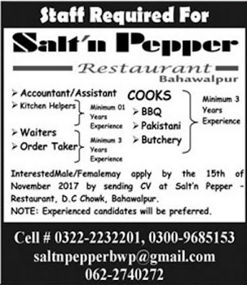 Latest Jobs in Salt’n Pepper Restaurant 2017 for Accounts and Staff Vacancies