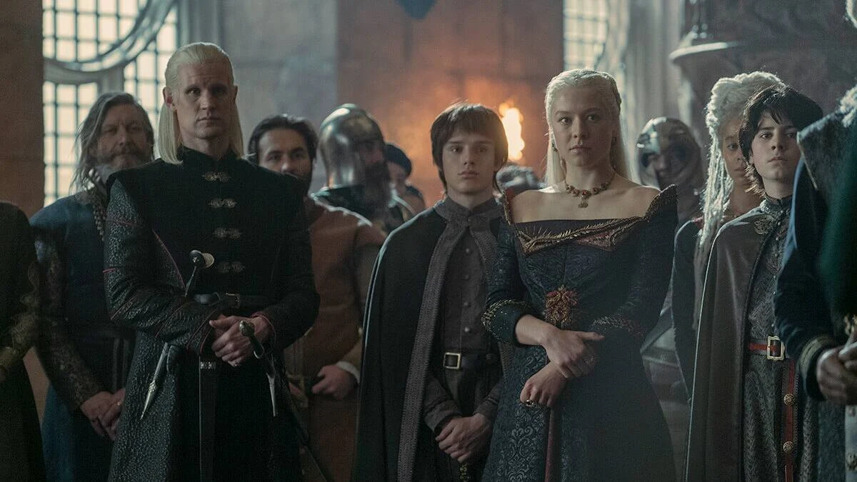 A family portrait-style image featuring members of House Targaryen, showcasing their intertwined relationships