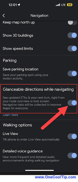 Google Maps - Glanceable Directions Setting