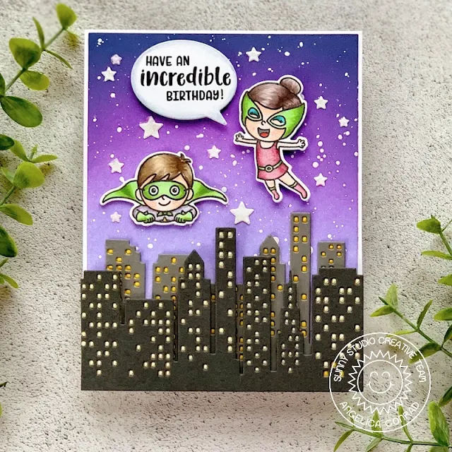 Sunny Studio Stamps: Super Duper Cityscape Border Comic Strip Speech Bubble Super Hero Themed Birthday Card by Angelica Conrad