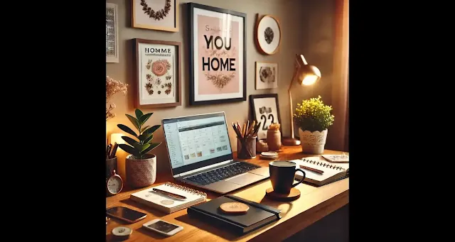 Home office setup with laptop, planner, and coffee cup on a desk.