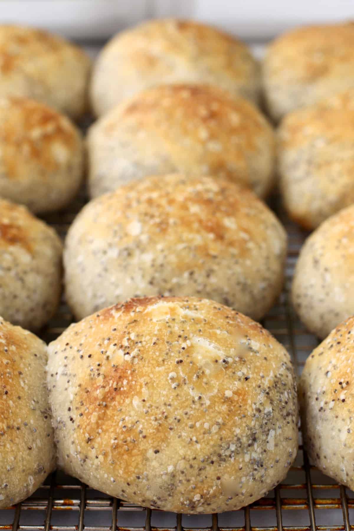 Sourdough Poppyseed Rolls cooling on a rack.