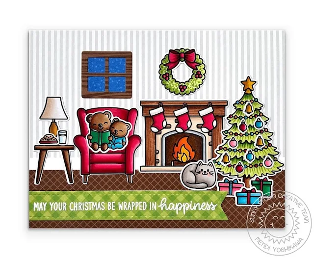 Sunny Studio Night Before Christmas Holiday Card (using Cozy Christmas, Christmas Icons & Santa Claus Lane Stamps, Sweet Treats Add-on & Slimline Pennant Dies)