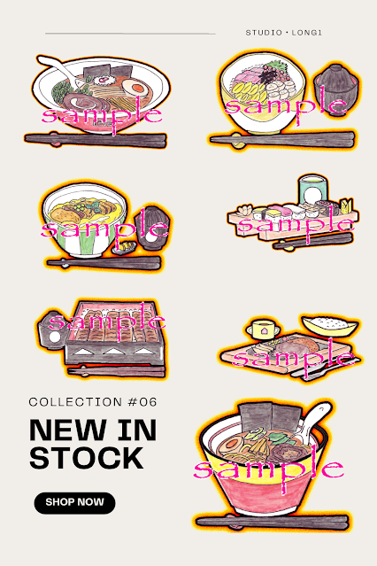 Kawaii Japanese pop art icon featuring sushi and ramen