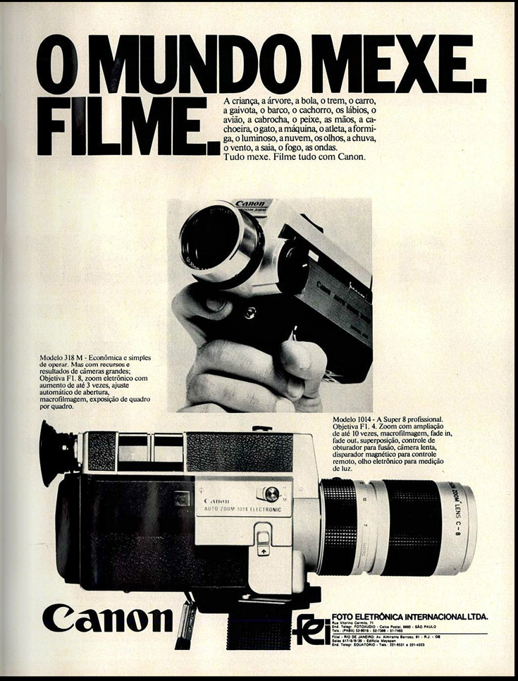 Propaganda antiga da Canon veiculada em 1974 promovendo suas câmeras portáteis