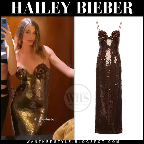Hailey Bieber in brown sequin dress