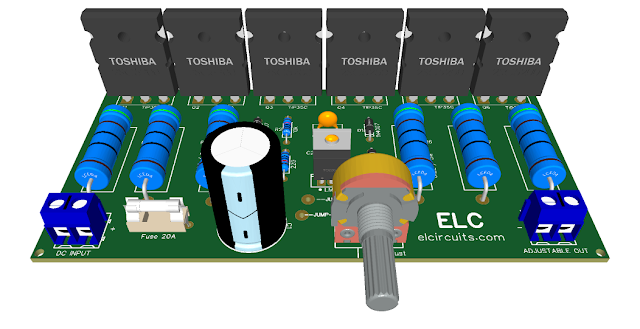 Adjustable Power Supply 1.2 to 37V High Current 20A using LM317 and TIP35C + PCB