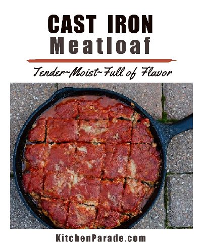 Cast Iron Meatloaf ♥ KitchenParade.com, my go-to meatloaf recipe, tender, moist and full of flavor thanks to milk-soaked bread crumbs and a pile of chopped vegetables that melt into the meatloaf.