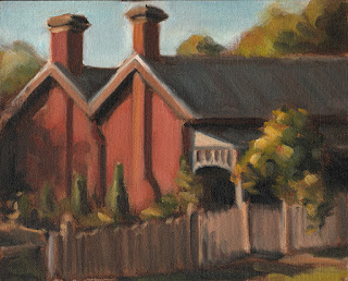 Still life oil painting of a brick Victorian-era house