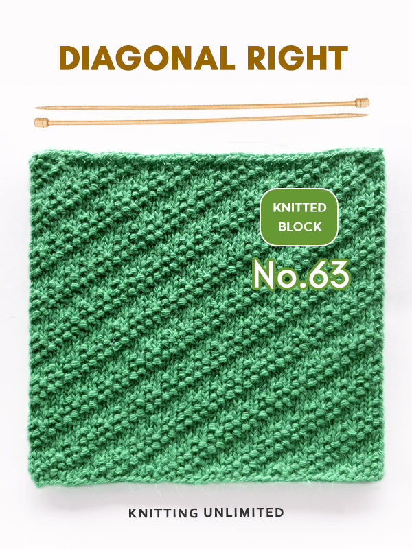 Knitted square pattern no.63 is a texture pattern created by alternating knit and purl stitches diagonally across a piece of knitting.