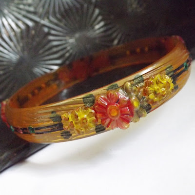 Art Deco apple juice floral celluloid rhinestone bracelet