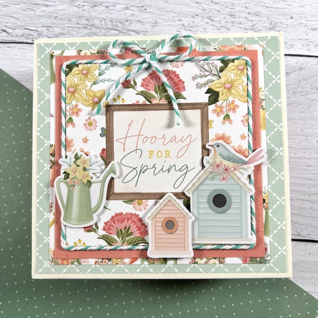 Hooray for Spring Scrapbook by Artsy Albums with a bird, birdhouses, flowers, and a watering can