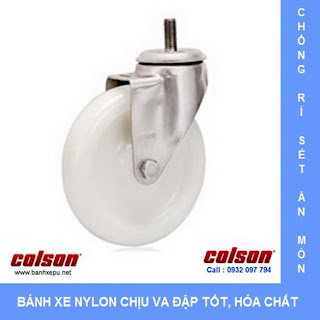 Bánh xe đẩy càng inox 304 kiểu trục ren chịu tải 136kg vật liệu bánh xe Nylon