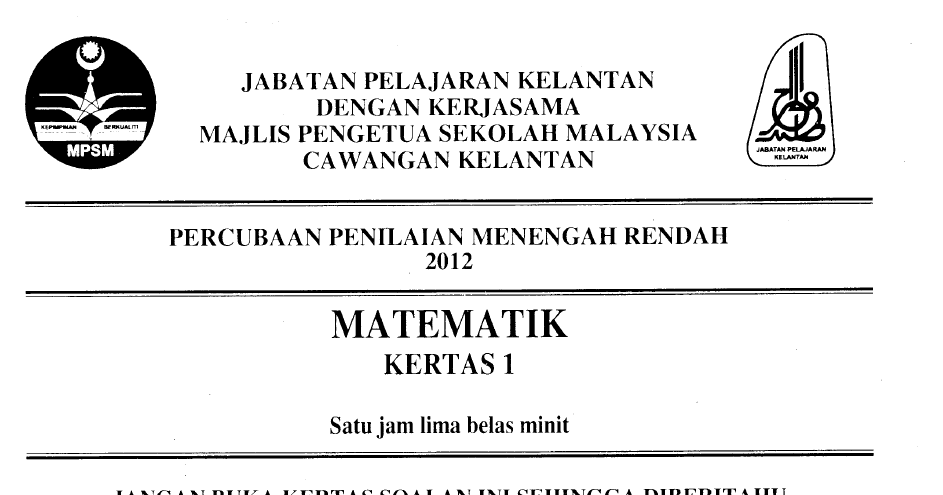 Kertas Soalan Pt3 Matematik Pdf - Persoalan o