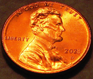 Copper Lincoln Penny with year 2028 date