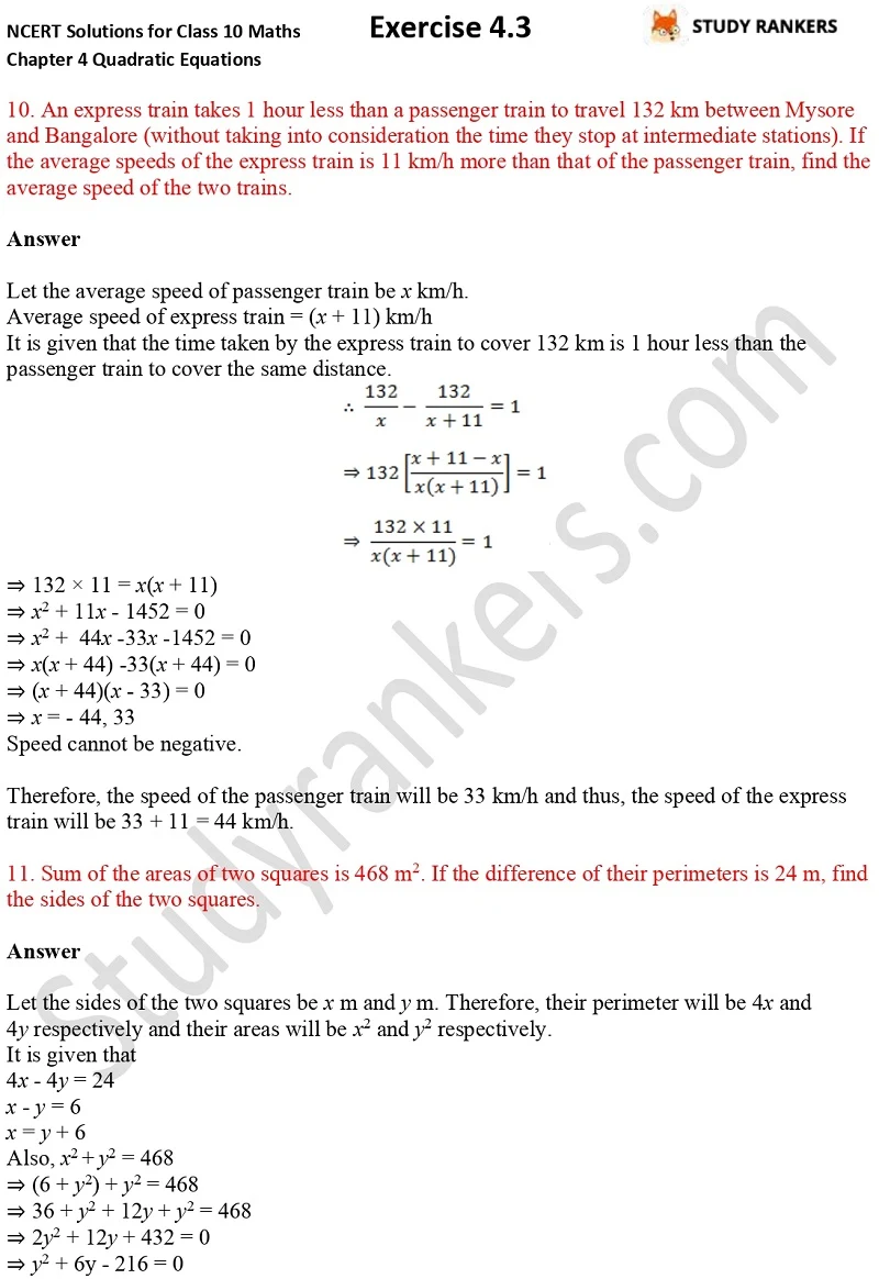 NCERT Solutions for Class 10 Maths Chapter 4 Quadratic Equations Exercise 4.3 Part 7