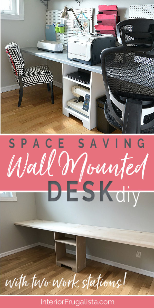 A space-saving wall-to-wall DIY wall mounted home office floating desk with two workstations. Perfect for small spaces and budget-friendly home office desk idea with step-by-step instructions. #floatingdeskideas #wallmounteddesk #diyfurniture