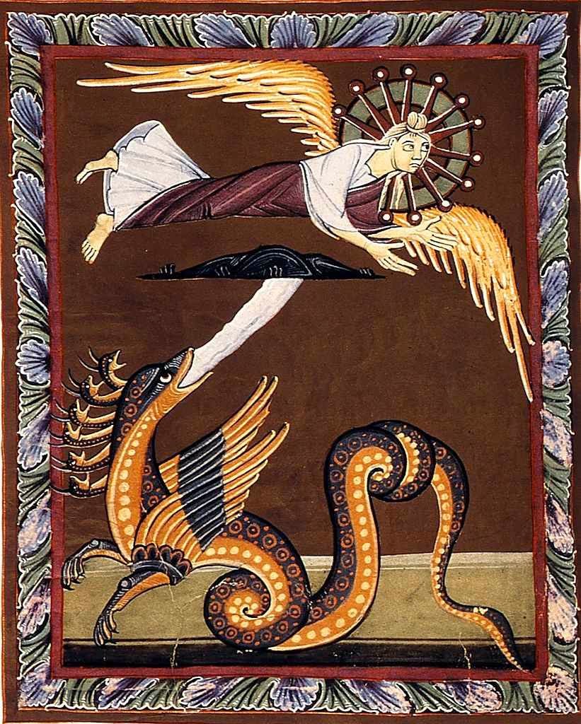 A mulher foge do dragão para o Ocidente. Bamberg Apocalypse Folio 031.