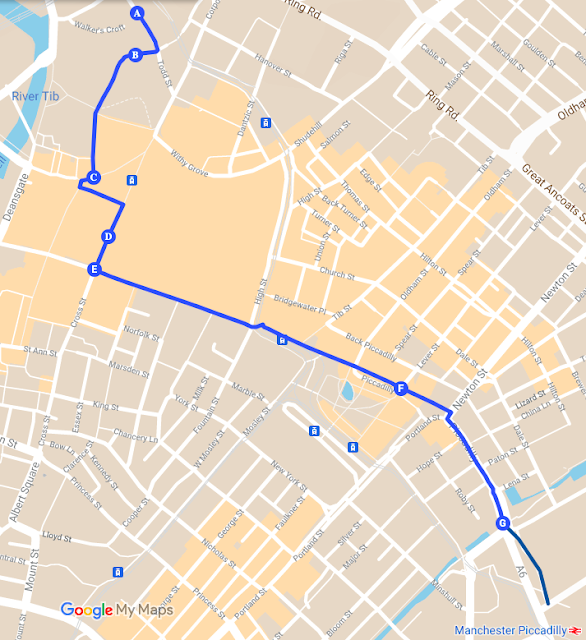 Map showing roads to take from Manchester Victoria to Manchester Piccadilly