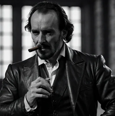 Shakespeare wearing a black leather blazer and smoking a cigar and black and white