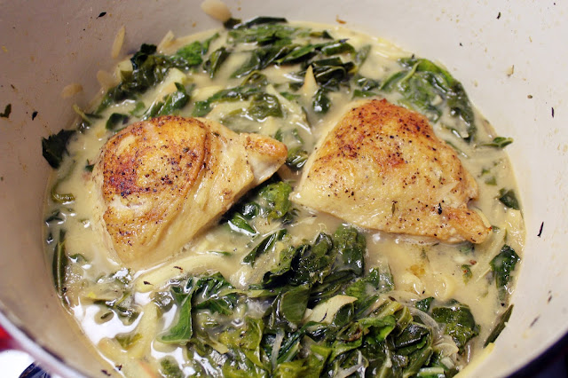 Beer Braised Chicken Thighs With Apples and Greens