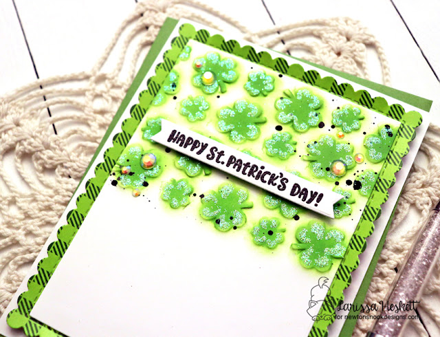 Happy St. Patrick's Day Card for Newton's Nook Designs by Larissa Heskett using Shamrock Hot Foil Plate, Newton's Lucky Clover Stamp Set, Banner Duo Die Set, Frames & Flags Die Set and Meowy Christmas Patterned Paper