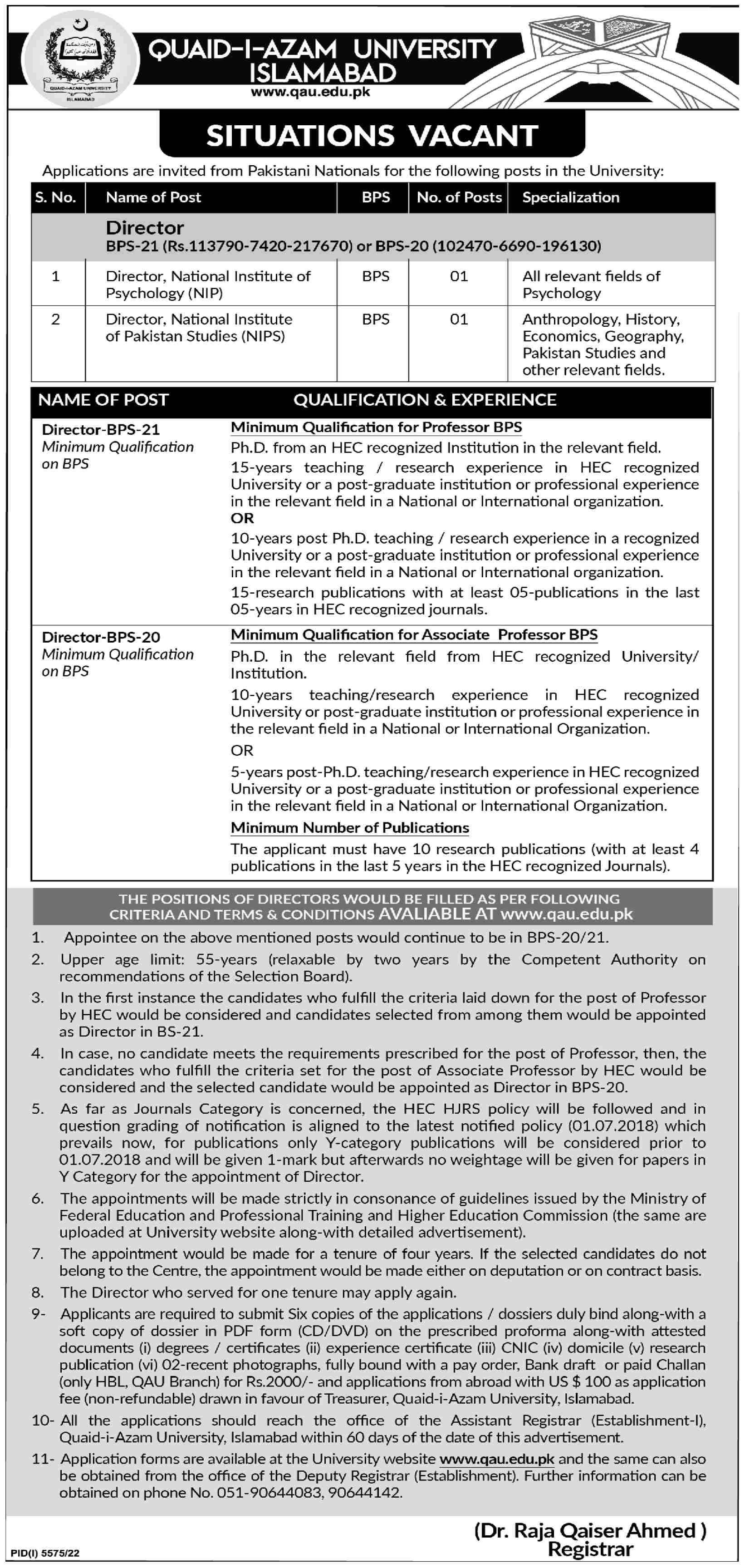 Latest Quaid i Azam University Education Posts Islamabad 2023