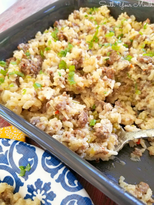 Hamburger & Rice Casserole! Ground beef and rice baked together in a classic casserole recipe that's easy to make your own.