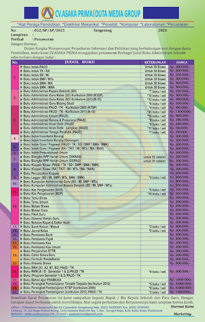 Buku Administrasi Sekolah ,Buku Induk Siswa, Buku Induk Guru Pegawai, Buku Induk Perpustakaan, Buku Induk Inventaris, Buku Klaper Siswa, Buku Administrasi Guru Kelas, Buku Surat Masuk, Buku Surat Keluar, Buku Tamu Umum, Buku Induk Absensi Siswa, Buku Kumpulan Administrasi Kepala Sekolah, Buku Piket Guru