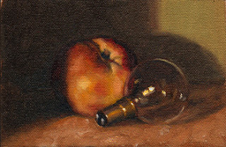 Oil painting of a small incandescent light bulb beside a nectarine.