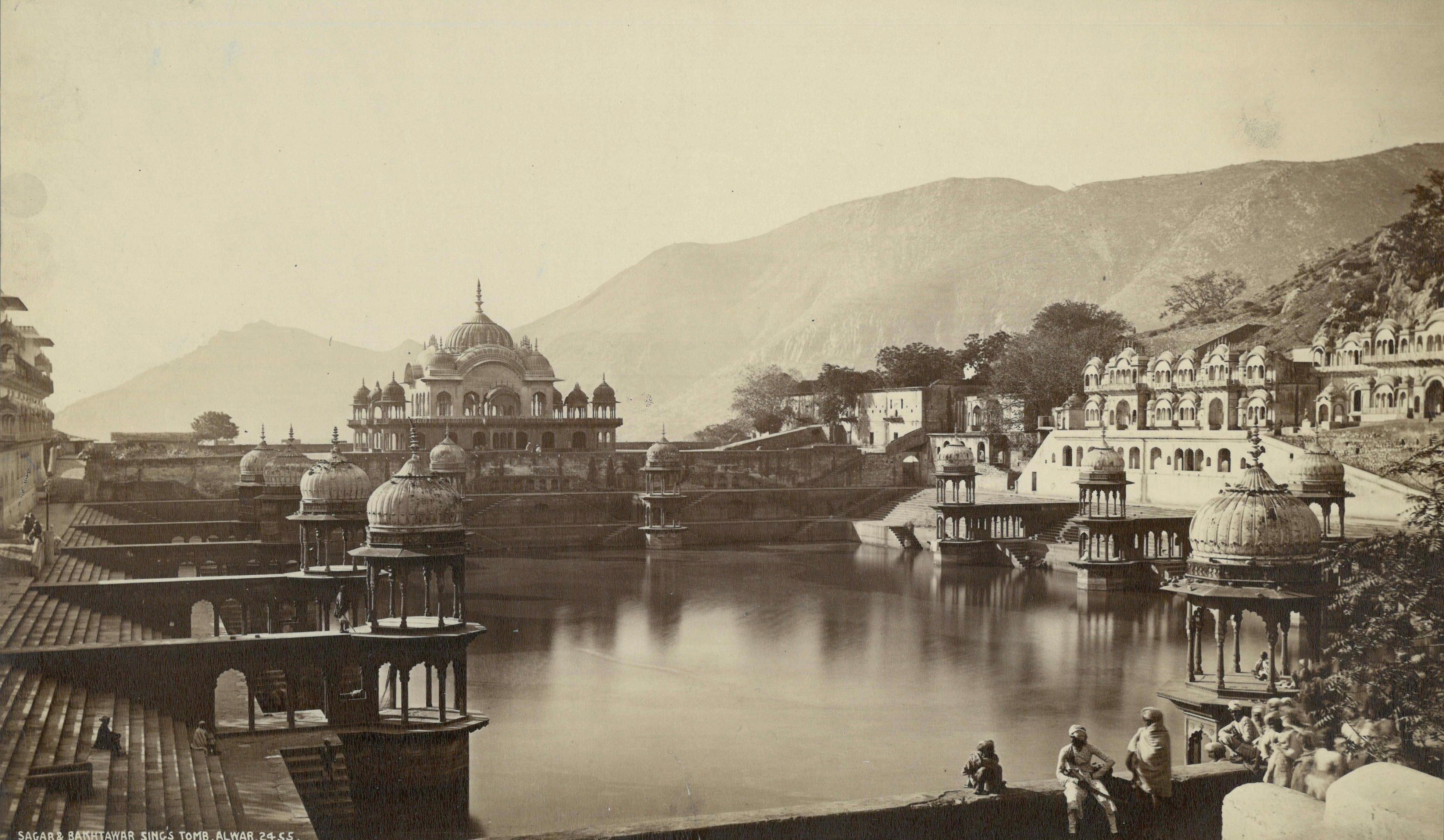 View of Sagar & Moosi Maharani Ki Chhatri [Cenotaph of Maharaja (King) Bakhtawar Singh & Rani (Queen) Moosi], Alwar, Rajasthan, India | Rare & Old Vintage Photos (1870)