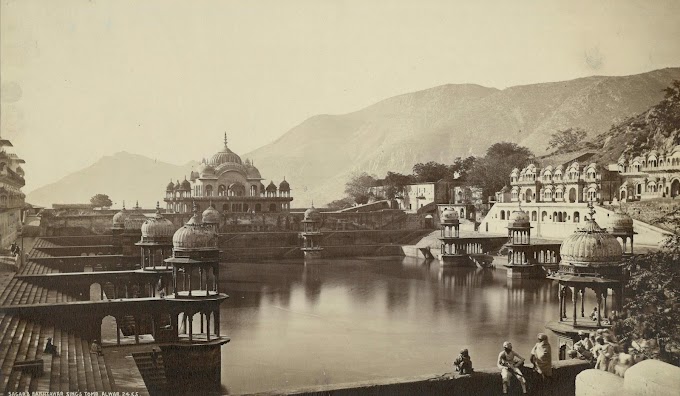 View of Sagar & Moosi Maharani Ki Chhatri [Cenotaph of Maharaja (King) Bakhtawar Singh & Rani (Queen) Moosi], Alwar, Rajasthan, India | Rare & Old Vintage Photos (1870)