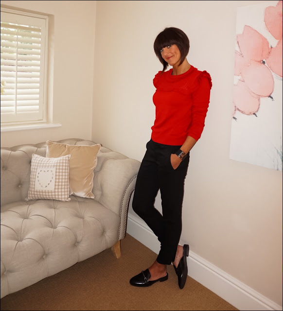My Midlife Fashion, Marks and Spencer Ruffle Shoulder Jumper, Mango snake effect cuff, zara cigarette trousers, marks and spencer trim mule loafer