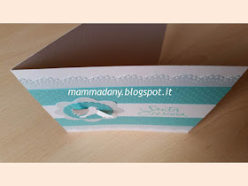 Biglietto cresima bambina con colombina color tiffany e crema