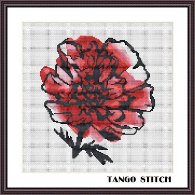 Watercolor peony flower easy cross stitch pattern - Tango Stitch