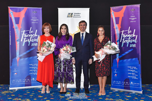 Ms. Koh Mei Lee, local actress Siti Saleha, H.E. Mr. Frédéric LAPLANCHE and President of Alliance Francaise Kuala Lumpur  Y.A.M. Tengku Zatashah at the launch of Le French Festival 2018. 