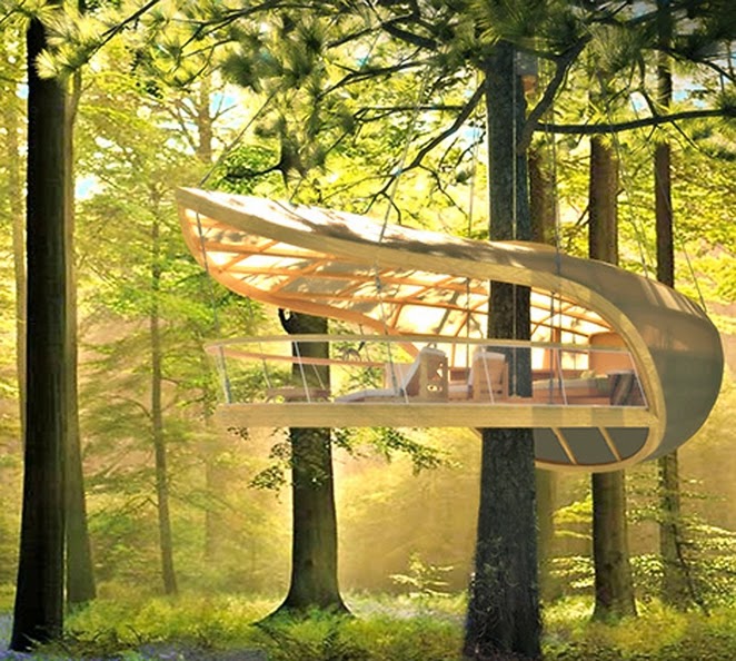 Sailboat-inspired prefab treehouse villa hangs from the trees