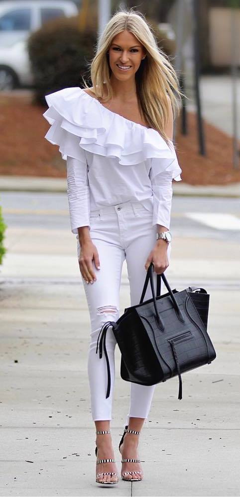 white and black outfit: top + rips + bag