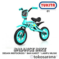 Sepeda Balans Keseimbangan Yukita 01 Motocross Ban Karet 12 Inci Hi-Ten Steel Lampu Musik Balance Push Bike 3-6 Tahun Beban Maks 30 kg