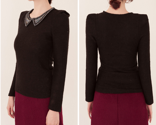 Long-sleeved Knit Top with Beaded Collar