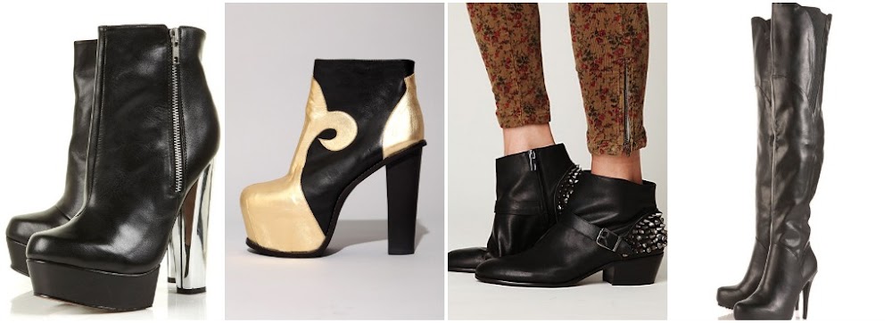 The 9 to 5 Eccentric. Topshop Absinthe metal heel boots, JC for Stolen Girlfriends Club boots, Sam Edelman Luke ankle boots, Topshop Bunny2 stretch thigh high boots.