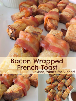 Bacon Wrapped French Toast:  Sweet french toast sticks wrapped in crunchy, salty bacon.  A great hand held breakfast.