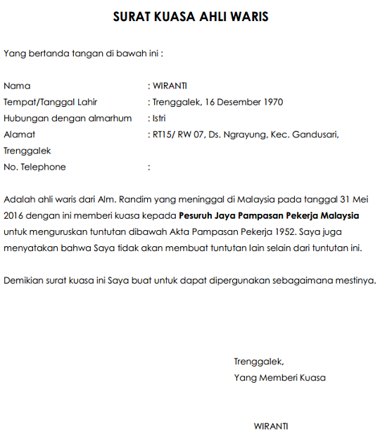 Contoh Surat Kuasa Ahli Waris Bank - Kumpulan Template ...