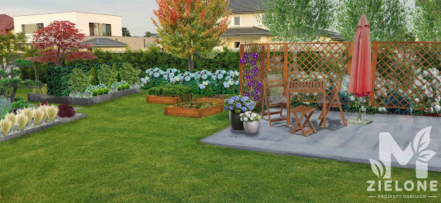 Projekt ogrodu w nowoczesnym stylu z grządkami podwyższonymi i tarasem na ogrodzie - wizualizacja lato