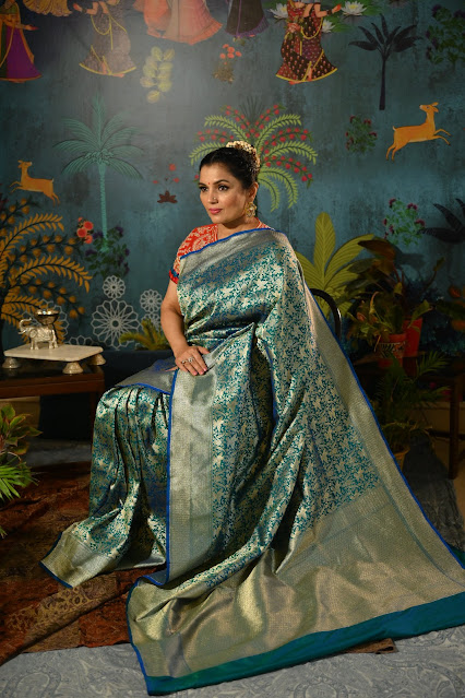 Turquoise blue shikargah saree